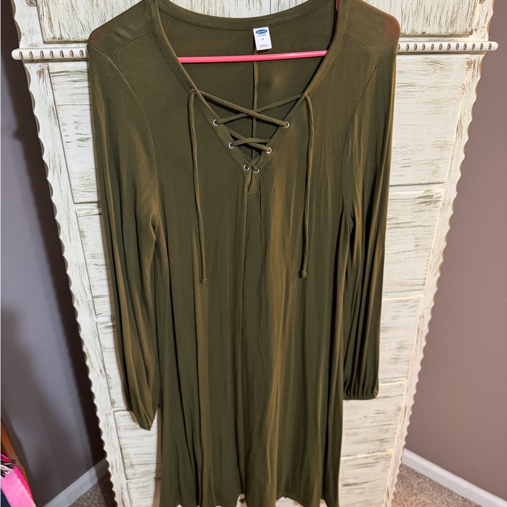 Old Navy Forest Green Lace-Up Long Sleeve Dress
